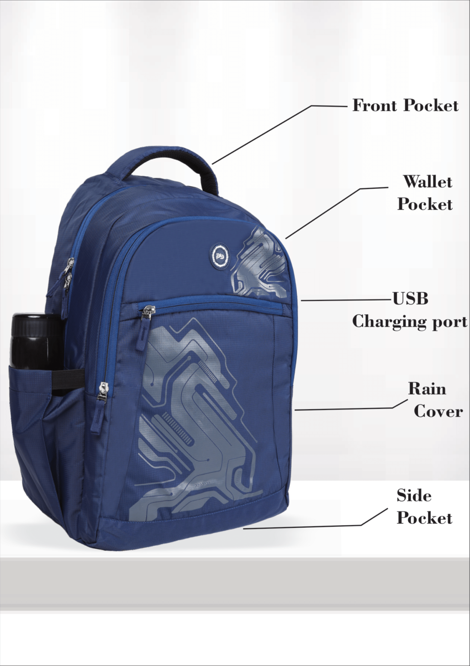PB Pearlbags EXCEL 26L Printed Laptop Backpack With Rain Cover,USB Charging Port,2 Compartment,Premium Fabric,Water Resistant Anti Theft,School & College Bag for Boys and Girls,Office & Travel Bag for Men and Women,49X31X17 Cms